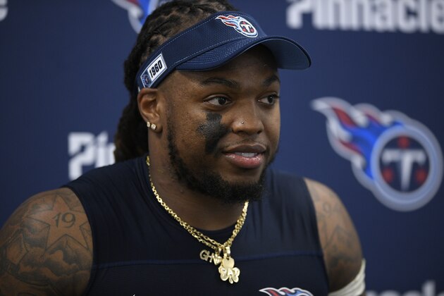 Tennessee Titans running back Derrick Henry speaks during a media availabiltiy after of an NFL divisional playoff football game, Saturday, Jan. 11, 2020, in Baltimore. The Titans won 28-12. (AP Photo/Nick Wass)