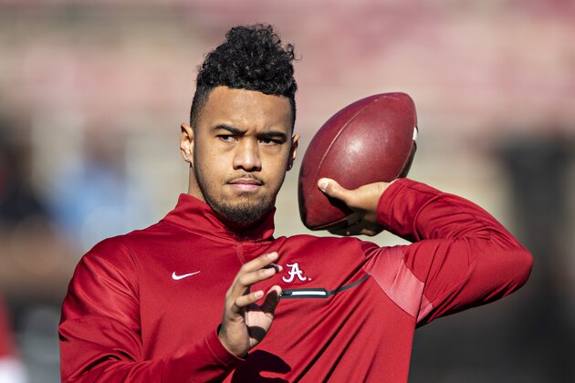 FAYETTEVILLE, AR - NOVEMBER 9:   Tua Tagovailoa #13 of the Alabama Crimson Tide warms up before a game against the Mississippi State Bulldogs at Davis Wade Stadium on November 16, 2019 in Starkville, Mississippi.  The Crimson Tide defeated the Bulldogs 38-7.  (Photo by Wesley Hitt/Getty Images)