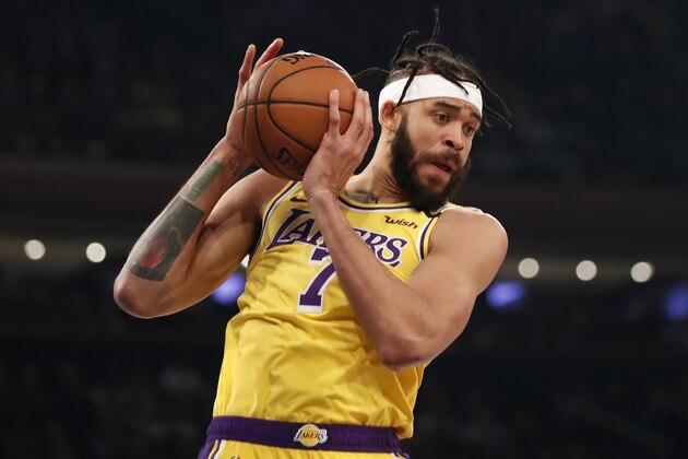 Los Angeles Lakers center JaVale McGee (7) oulls down a rebound during the second half of an NBA basketball game against the New York Knicks in New York, Wednesday, Jan. 22, 2020. The Lakers defeated the Knicks 100-92. (AP Photo/Kathy Willens)