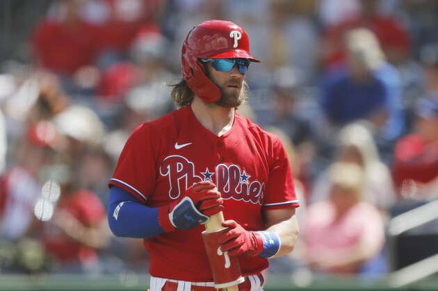 Philadelphia Phillies' Bryce Harper is seen during a spring training baseball game, Monday, March 9, 2020, in Clearwater, Fla. (AP Photo/Carlos Osorio)