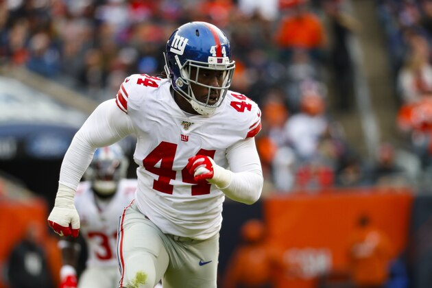 New York Giants linebacker Markus Golden (44) plays against the Chicago Bears during the first half of an NFL football game in Chicago, Sunday, Nov. 24, 2019. (AP Photo/Paul Sancya)