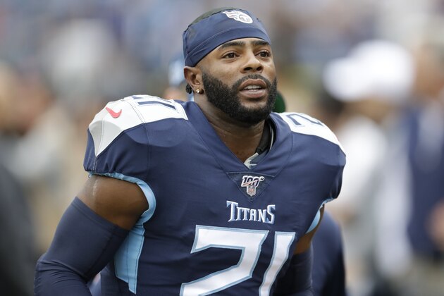 Tennessee Titans cornerback Malcolm Butler warms up before an NFL football game against the Tampa Bay Buccaneers Sunday, Oct. 27, 2019, in Nashville, Tenn. (AP Photo/James Kenney)
