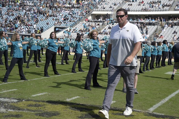 Former Jacksonville Jaguars player Tony Boselli is honored on the field during halftime of an NFL football game against the New Orleans Saints Sunday, Oct. 13, 2019, in Jacksonville, Fla. (AP Photo/Phelan M. Ebenhack)