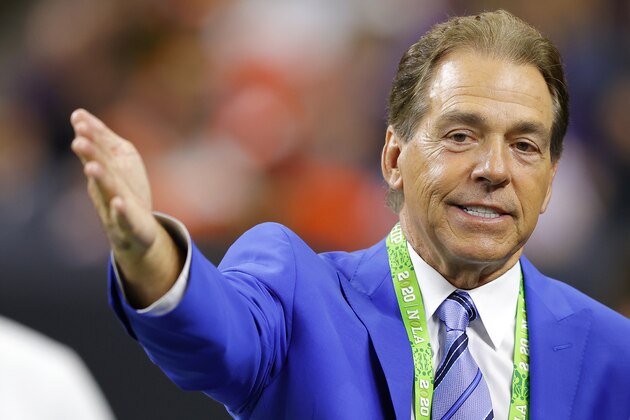 NEW ORLEANS, LOUISIANA - JANUARY 13: ESPN commentator Nick Saban during the Clemson v LSU game in the College Football Playoff National Championship game at Mercedes Benz Superdome on January 13, 2020 in New Orleans, Louisiana. (Photo by Kevin C. Cox/Getty Images)