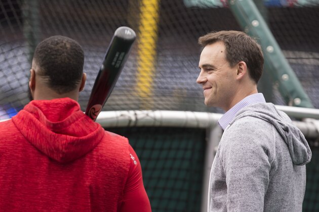 PHILADELPHIA, PA - APRIL 24: Carlos Santana #41 of the Philadelphia Phillies talks to General Manager Matt Klentak prior to the game against the Arizona Diamondbacks at Citizens Bank Park on April 24, 2018 in Philadelphia, Pennsylvania. (Photo by Mitchell Leff/Getty Images)