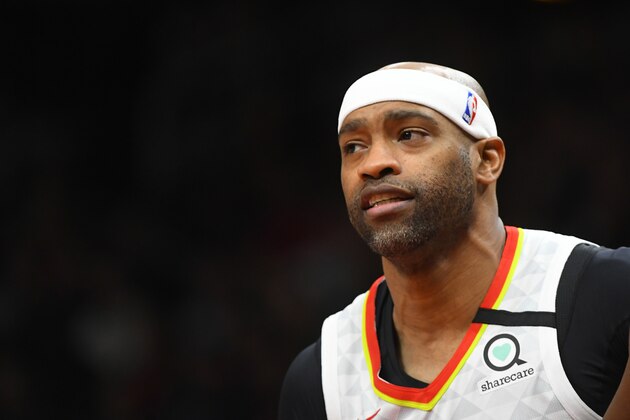 Atlanta Hawks guard Vince Carter is shown during an NBA basketball game against the Denver Nuggets, Monday, Jan. 6, 2020, in Atlanta. (AP Photo/John Amis)
