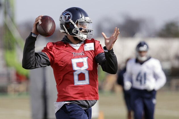 Tennessee Titans quarterback Marcus Mariota (8) passes during an NFL football practice Thursday, Jan. 16, 2020, in Nashville, Tenn. The Titans are scheduled to face the Kansas City Chiefs in the AFC Championship game Sunday. (AP Photo/Mark Humphrey)