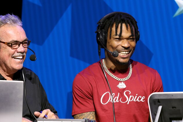MIAMI, FLORIDA - JANUARY 29: SiriusXM host Pat Kirwan and NFL safety Derwin James of the Los Angeles Chargers speak on stage during day one with SiriusXM at Super Bowl LIV on January 29, 2020 in Miami, Florida. (Photo by Cindy Ord/Getty Images for SiriusXM )
