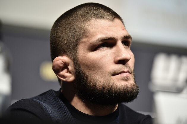 LAS VEGAS, NEVADA - MARCH 06: Khabib Nurmagomedov interacts with media during the UFC 249 press conference at T-Mobile Arena on March 06, 2020 in Las Vegas, Nevada. (Photo by Chris Unger/Zuffa LLC)