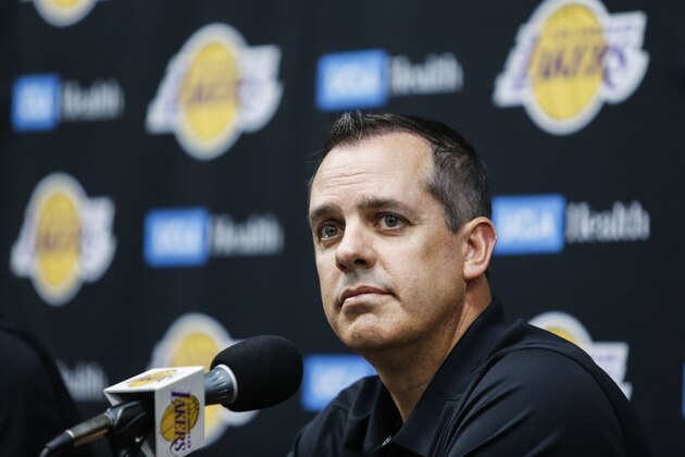Los Angeles Lakers head Coach Frank Vogel speaks during the NBA basketball team's media day in El Segundo, Calif., Friday, Sept. 27, 2019. (AP Photo/Ringo H.W. Chiu)