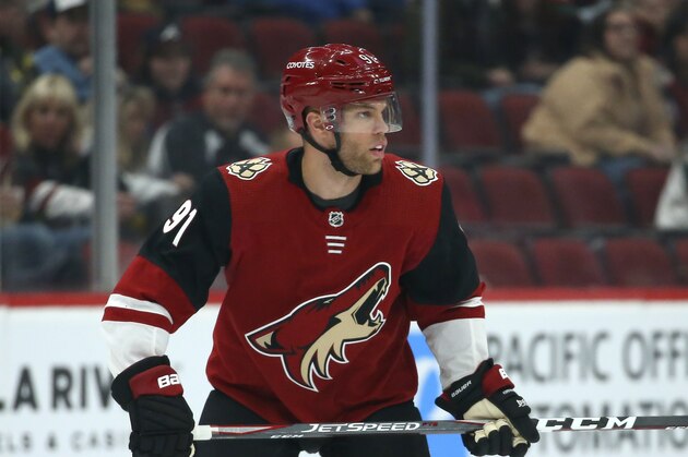 Arizona Coyotes left wing Taylor Hall watches the movement of the puck during the first period of an NHL hockey game against the Carolina Hurricanes Thursday, Feb. 6, 2020, in Glendale, Ariz. The Hurricanes defeated the Coyotes 5-3. (AP Photo/Ross D. Franklin)