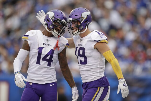 Minnesota Vikings wide receiver Adam Thielen (19) celebrates with wide receiver Stefon Diggs (14) after catching a touchdown pass against the New York Giants during the third quarter of an NFL football game, Sunday, Oct. 6, 2019, in East Rutherford, N.J. (AP Photo/Adam Hunger) Minnesota Vikings wide receiver Adam Thielen (19) celebrates with wide receiver Stefon Diggs (14) after catching a touchdown pass against the New York Giants during the third quarter of an NFL football game, Sunday, Oct. 6, 2019, in East Rutherford, N.J. (AP Photo/Adam Hunger)