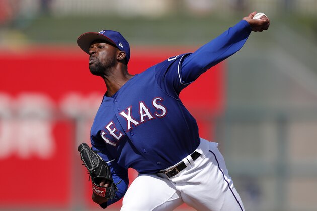 Texas Rangers pitcher James Jones throws during the third inning of a spring training baseball game against the San Diego Padres, Thursday, March 1, 2018, in Surprise, Ariz. (AP Photo/Charlie Neibergall)