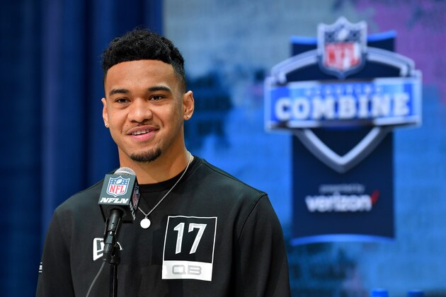 INDIANAPOLIS, INDIANA - FEBRUARY 25: Tua Tagovailoa #QB17 of Alabama interviews during the first day of the NFL Scouting Combine at Lucas Oil Stadium on February 25, 2020 in Indianapolis, Indiana. (Photo by Alika Jenner/Getty Images)