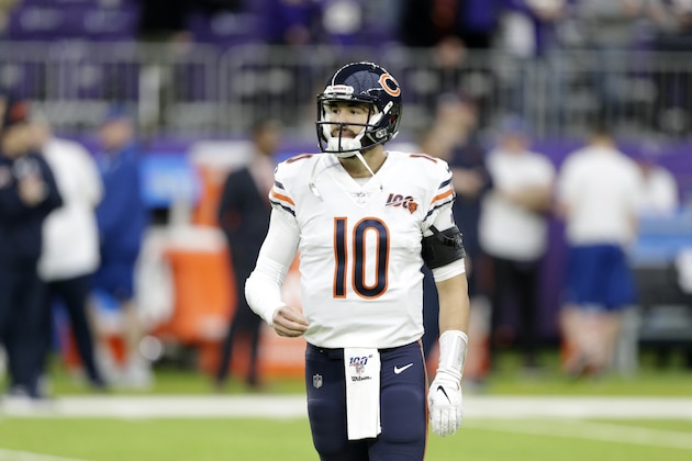 Chicago Bears quarterback Mitchell Trubisky warms up before an NFL football game against the Minnesota Vikings, Sunday, Dec. 29, 2019, in Minneapolis. (AP Photo/Andy Clayton-King)
