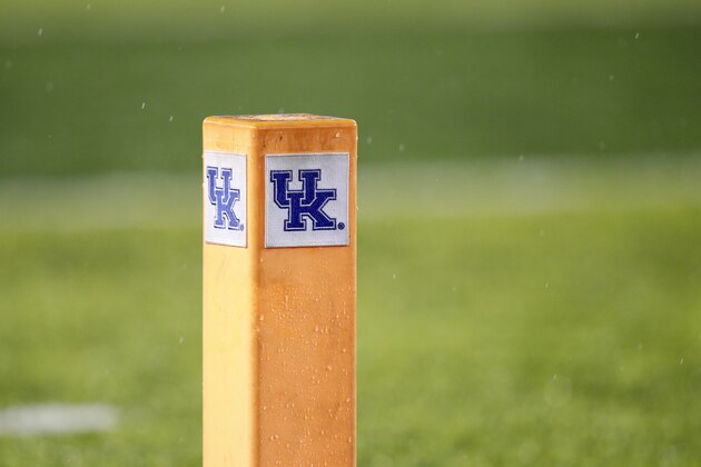 LEXINGTON, KY - OCTOBER 26: A detail view of the Kentucky Wildcats logo on the end zone pylon during a game against the Missouri Tigers at Kroger Field on October 26, 2019 in Lexington, Kentucky. Kentucky defeated Missouri 29-7. (Photo by Joe Robbins/Getty Images)