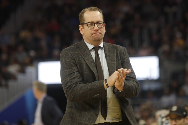 Toronto Raptors head coach Nick Nurse against the Golden State Warriors during an NBA basketball game in San Francisco, Thursday, March 5, 2020. (AP Photo/Jeff Chiu) Toronto Raptors head coach Nick Nurse against the Golden State Warriors during an NBA basketball game in San Francisco, Thursday, March 5, 2020. (AP Photo/Jeff Chiu)
