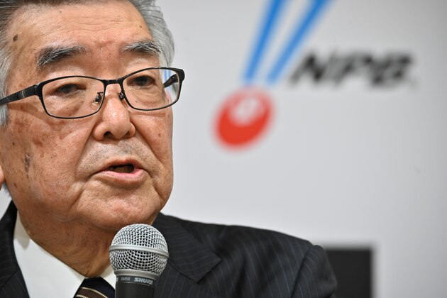 Atsushi Saito, commissioner of the Nippon Professional Baseball Organization, speaks during a press conference to discuss the COVID-19 coronavirus in Tokyo on March 2, 2020. (Photo by Philip FONG / AFP) (Photo by PHILIP FONG/AFP via Getty Images)