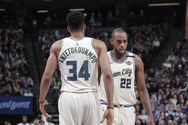 SACRAMENTO, CA - JANUARY 10: Giannis Antetokounmpo #34 and Khris Middleton #22 of the Milwaukee Bucks face the Sacramento Kings on January 10, 2020 at Golden 1 Center in Sacramento, California. NOTE TO USER: User expressly acknowledges and agrees that, by downloading and or using this photograph, User is consenting to the terms and conditions of the Getty Images Agreement. Mandatory Copyright Notice: Copyright 2020 NBAE (Photo by Rocky Widner/NBAE via Getty Images)
