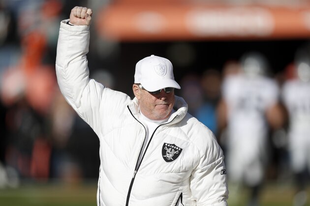 Oakland Raiders owner Mark Davis reacts as the team warms up before an NFL football game against the Denver Broncos, Sunday, Dec. 29, 2019, in Denver. (AP Photo/David Zalubowski)