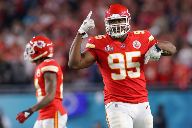 MIAMI, FLORIDA - FEBRUARY 02: Chris Jones #95 of the Kansas City Chiefs reacts during the game against the San Francisco 49ers in Super Bowl LIV at Hard Rock Stadium on February 02, 2020 in Miami, Florida. (Photo by Kevin C. Cox/Getty Images)
