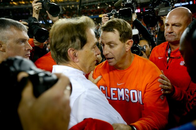 SANTA CLARA, CA - JANUARY 07: Head Coach Nick Saban of the Alabama Crimson Tide and Head Coach Dabo Swinney of the Clemson Tigers shake hands on the field following the CFP National Championship presented by AT&T at Levi's Stadium on January 7, 2019 in Santa Clara, California (Photo by Michael Zagaris/Getty Images) SANTA CLARA, CA - JANUARY 07: Head Coach Nick Saban of the Alabama Crimson Tide and Head Coach Dabo Swinney of the Clemson Tigers shake hands on the field following the CFP National Championship presented by AT&T at Levi's Stadium on January 7, 2019 in Santa Clara, California (Photo by Michael Zagaris/Getty Images)