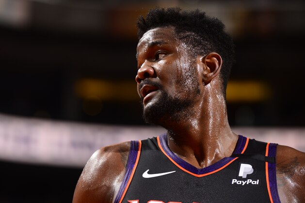 PHOENIX, AZ - MARCH 3: Deandre Ayton #22 of the Phoenix Suns looks on during the game against the Toronto Raptors on March 3, 2020 at Talking Stick Resort Arena in Phoenix, Arizona. NOTE TO USER: User expressly acknowledges and agrees that, by downloading and or using this photograph, user is consenting to the terms and conditions of the Getty Images License Agreement. Mandatory Copyright Notice: Copyright 2020 NBAE (Photo by Barry Gossage/NBAE via Getty Images)