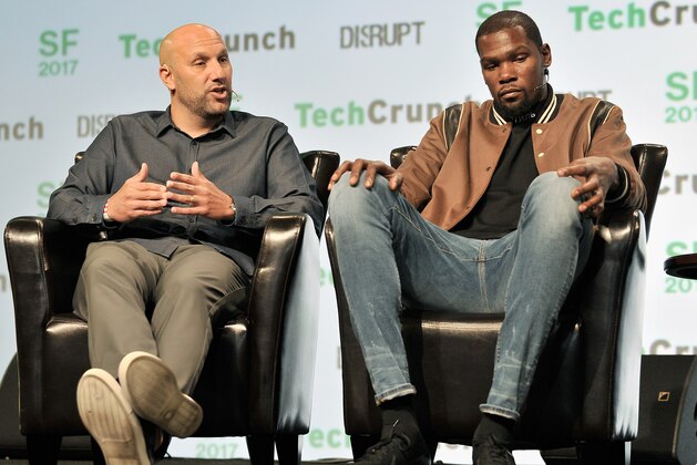 SAN FRANCISCO, CA - SEPTEMBER 19:  Durant Company/Thirty Five Media Partner Rich Kleiman (L) and NBA Player and Durant Company/Thirty Five Media Partner Kevin Durant speak onstage during TechCrunch Disrupt SF 2017 at Pier 48 on September 19, 2017 in San Francisco, California.  (Photo by Steve Jennings/Getty Images for TechCrunch)