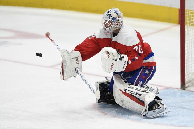 Washington Capitals goaltender Braden Holtby (70) follows the puck during the third period of an NHL hockey game against the Pittsburgh Penguins, Sunday, Feb. 23, 2020, in Washington. The Capitals won 5-3. (AP Photo/Nick Wass)