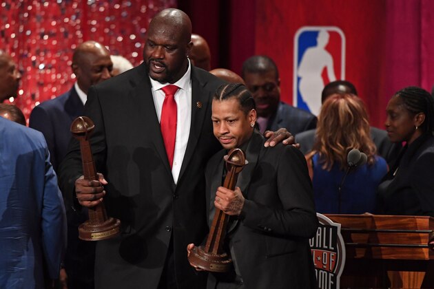 SPRINGFIELD, MA - SEPTEMBER 9:  Inductees, Shaquille O'Neal and Allen Iverson pose for a photo on stage after the 2016 Basketball Hall of Fame Enshrinement Ceremony on September 9, 2016 at Symphony Hall in Springfield, Massachusetts. NOTE TO USER: User expressly acknowledges and agrees that, by downloading and/or using this photograph, user is consenting to the terms and conditions of the Getty Images License Agreement.  Mandatory Copyright Notice: Copyright 2016 NBAE (Photo by Jesse D. Garrabrant/NBAE via Getty Images)