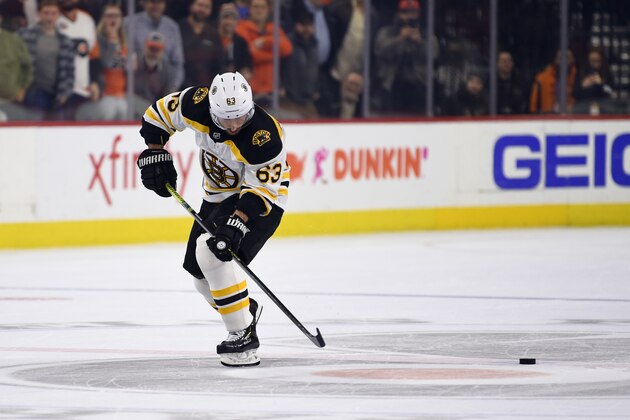 Boston Bruins' Brad Marchand skates by the puck on a shootout attempt in an NHL hockey game against the Philadelphia Flyers, Monday, Jan. 13, 2020, in Philadelphia. The Flyers won 6-5. (AP Photo/Derik Hamilton) Boston Bruins' Brad Marchand skates by the puck on a shootout attempt in an NHL hockey game against the Philadelphia Flyers, Monday, Jan. 13, 2020, in Philadelphia. The Flyers won 6-5. (AP Photo/Derik Hamilton)