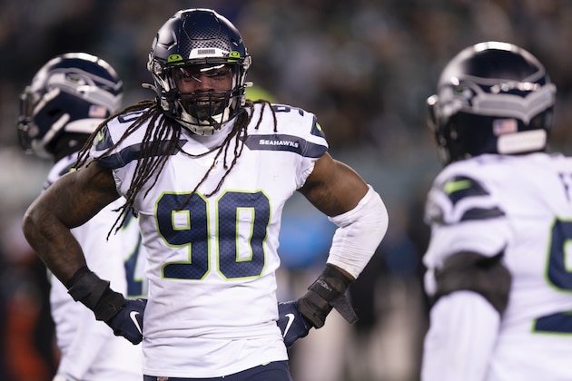 Seattle Seahawks defensive end Jadeveon Clowney (90) looks on during an NFL wild-card playoff football game against the Philadelphia Eagles, Sunday, Jan. 5, 2020, in Philadelphia. Seattle won 17-9. (AP Photo/Chris Szagola)