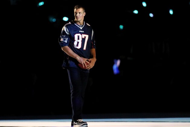 FOXBOROUGH, MASSACHUSETTS - SEPTEMBER 08: Former New England Patriots tight end Rob Gronkowski reacts during a Super Bowl LIII championship ceremony before the game between the New England Patriots and the Pittsburgh Steelers at Gillette Stadium on September 08, 2019 in Foxborough, Massachusetts. (Photo by Maddie Meyer/Getty Images)