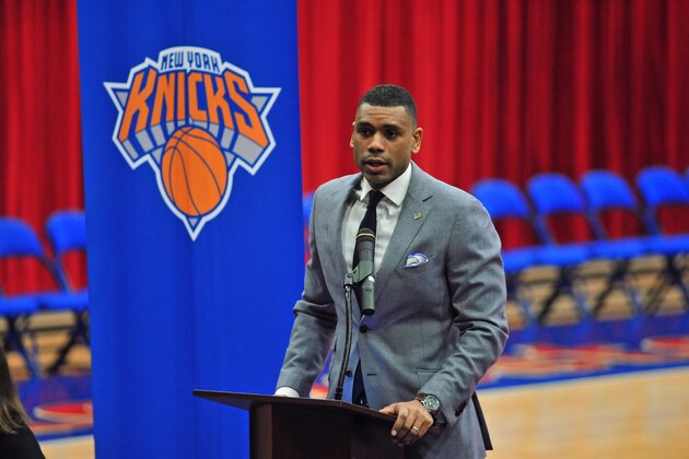 WHITE PLAINS, NY - MARCH 10:  Allan Houston, Assistant General Manager of New York Knicks/General Manager New York Knicks Development League Team, attends a press conference annoucing an agreement to bring a New York Knicks affiliated NBA Development League franchise to Westchester, New York on March 10, 2014 in White Plains, New York. NOTE TO USER: User expressly acknowledges and agrees that, by downloading and or using this photograph, User is consenting to the terms and conditions of the Getty Images License Agreement. Mandatory Copyright Notice: Copyright 2014 NBAE (Photo by David Dow/NBAE via Getty Images)