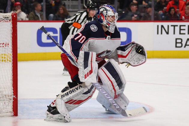 DETROIT, MICHIGAN - DECEMBER 17: Joonas Korpisalo #70 of the Columbus Blue Jackets skates against the Detroit Red Wings at Little Caesars Arena on December 17, 2019 in Detroit, Michigan. (Photo by Gregory Shamus/Getty Images)
