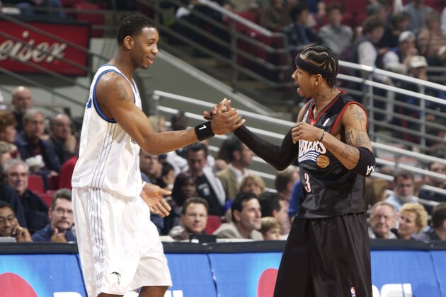 23 Feb 2002:  Tracy McGrady #1of the Orlando Magic and Allen Iverson #3 of the Philadelphia 76ers shake hands before the game at TD Waterhouse Centre in Orlando, Florida. The Magic won 105-87.  DIGITAL IMAGE. NOTE TO USER: User expressly acknowledges and agrees that, by downloading and/or using this Photograph, User is consenting to the terms and conditions of the Getty Images Licence Agreement.  Mandatory copyright notice: Copyright 2002 NBAE\ Mandatory Credit: Fernando Medina/NBAE/Getty Images