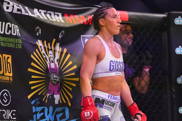 INGLEWOOD, CA - JANUARY 25:  Julia Budd in the cage for her featherweight world title fight against Cris Cyborg at The Forum on January 25, 2020 in Inglewood, California. Cyborg won by TKO in the 4th round. (Photo by Jayne Kamin-Oncea/Getty Images)