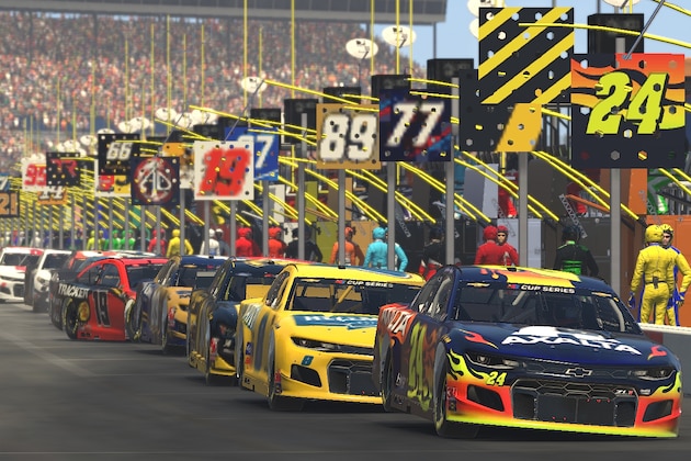 FORT WORTH, TEXAS - MARCH 29:  (EDITORIAL USE ONLY) (Editors note: This image was computer generated in-game) William Byron, driver of the #24 Axalta Chevrolet, pits during the eNASCAR iRacing Pro Invitational Series Race - O'Reilly Auto Parts 125 at virtual Texas Motor Speedway on March 29, 2020 in Fort Worth, Texas. (Photo by Chris Graythen/Getty Images)