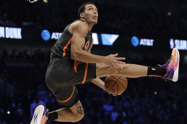 Orlando Magic's Aaron Gordon competes in the NBA All-Star slam dunk contest in Chicago, Saturday, Feb. 15, 2020. (AP Photo/Nam Y. Huh)