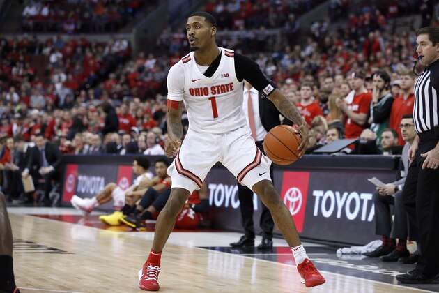 COLUMBUS, OHIO - FEBRUARY 23: Luther Muhammad #1 of the Ohio State Buckeyes looks to make a move in the game against the Maryland Terrapins at Value City Arena on February 23, 2020 in Columbus, Ohio. (Photo by Justin Casterline/Getty Images)
