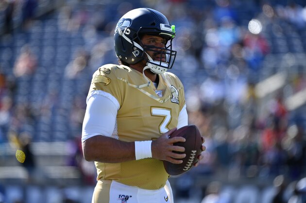 ORLANDO, FLORIDA - JANUARY 26: Russell Wilson #3 of the Seattle Seahawks warms up prior to the 2020 NFL Pro Bowl at Camping World Stadium on January 26, 2020 in Orlando, Florida. (Photo by Mark Brown/Getty Images)