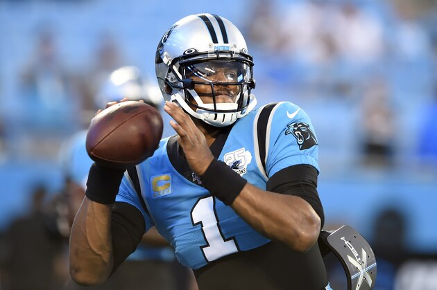Carolina Panthers quarterback Cam Newton (1) warms up prior to an NFL football game against the Tampa Bay Buccaneers in Charlotte, N.C., Thursday, Sept. 12, 2019. (AP Photo/Mike McCarn)