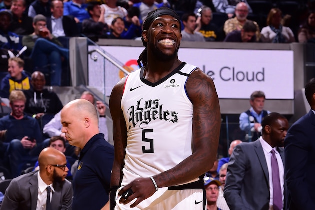 SAN FRANCISCO, CA - MARCH 10: Montrezl Harrell #5 of the LA Clippers looks on during the game against the Golden State Warriors on March 10, 2020 at Chase Center in San Francisco, California. NOTE TO USER: User expressly acknowledges and agrees that, by downloading and or using this photograph, user is consenting to the terms and conditions of Getty Images License Agreement. Mandatory Copyright Notice: Copyright 2020 NBAE (Photo by Noah Graham/NBAE via Getty Images)