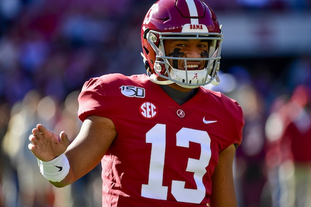Alabama quarterback Tua Tagovailoa (13) warms up before an NCAA football game against LSU Saturday, Nov. 9, 2019, in Tuscaloosa, Ala. (AP Photo/Vasha Hunt)