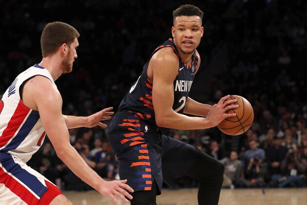 NEW YORK, NEW YORK - MARCH 08:  (NEW YORK DAILIES OUT)  Kevin Knox II #20 of the New York Knicks in action against the Detroit Pistons at Madison Square Garden on March 08, 2020 in New York City. The Knicks defeated the Pistons 96-84. NOTE TO USER: User expressly acknowledges and agrees that, by downloading and or using this photograph, User is consenting to the terms and conditions of the Getty Images License Agreement. (Photo by Jim McIsaac/Getty Images)