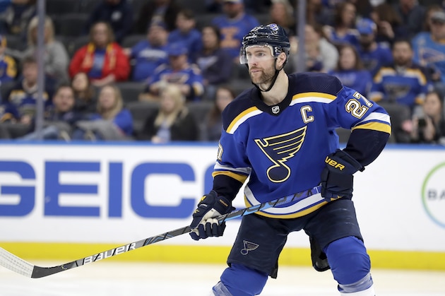 St. Louis Blues' Alex Pietrangelo in action during the third period of an NHL hockey game against the Florida Panthers Monday, March 9, 2020, in St. Louis. (AP Photo/Jeff Roberson)