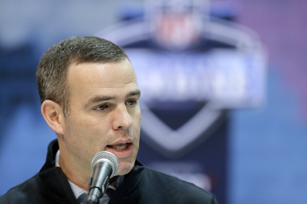FILE - In this Feb. 28, 2019, file photo, Buffalo Bills general manager Brandon Beane speaks during a press conference at the NFL football scouting combine in Indianapolis. Coming off a 17-player haul in free agency, Beane has plenty of options entering the NFL draft. And the Bills general manager isn't going to restrict himself to focusing on one or two positions when it comes time for Buffalo to make the No. 9 selection.  (AP Photo/Darron Cummings, File)