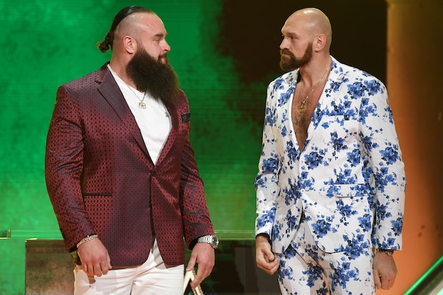 LAS VEGAS, NEVADA - OCTOBER 11:  WWE wrestler Braun Strowman (L) and heavyweight boxer Tyson Fury attend the announcement of their match at a WWE news conference at T-Mobile Arena on October 11, 2019 in Las Vegas, Nevada. Strowman will face Fury and WWE champion Brock Lesnar will take on former UFC heavyweight champion Cain Velasquez at the WWE's Crown Jewel event at Fahd International Stadium in Riyadh, Saudi Arabia on October 31.  (Photo by Ethan Miller/Getty Images)