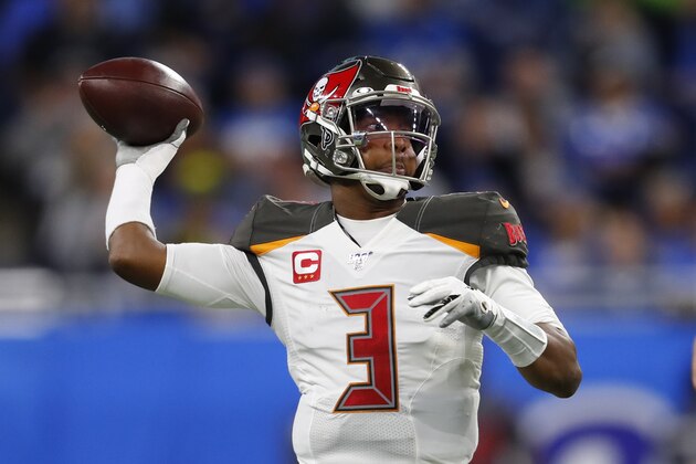 Tampa Bay Buccaneers' quarterback James Winston throws against the Detroit Lions during an NFL football game in Detroit, Sunday, Dec. 15, 2019. (AP Photo/Paul Sancya)