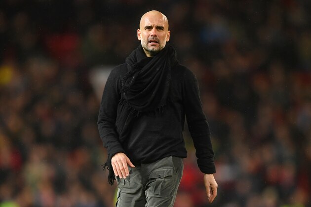 MANCHESTER, ENGLAND - MARCH 08: Manchester City manager Pep Guardiola looks on after during the Premier League match between Manchester United and Manchester City at Old Trafford on March 08, 2020 in Manchester, United Kingdom. (Photo by Michael Regan/Getty Images)